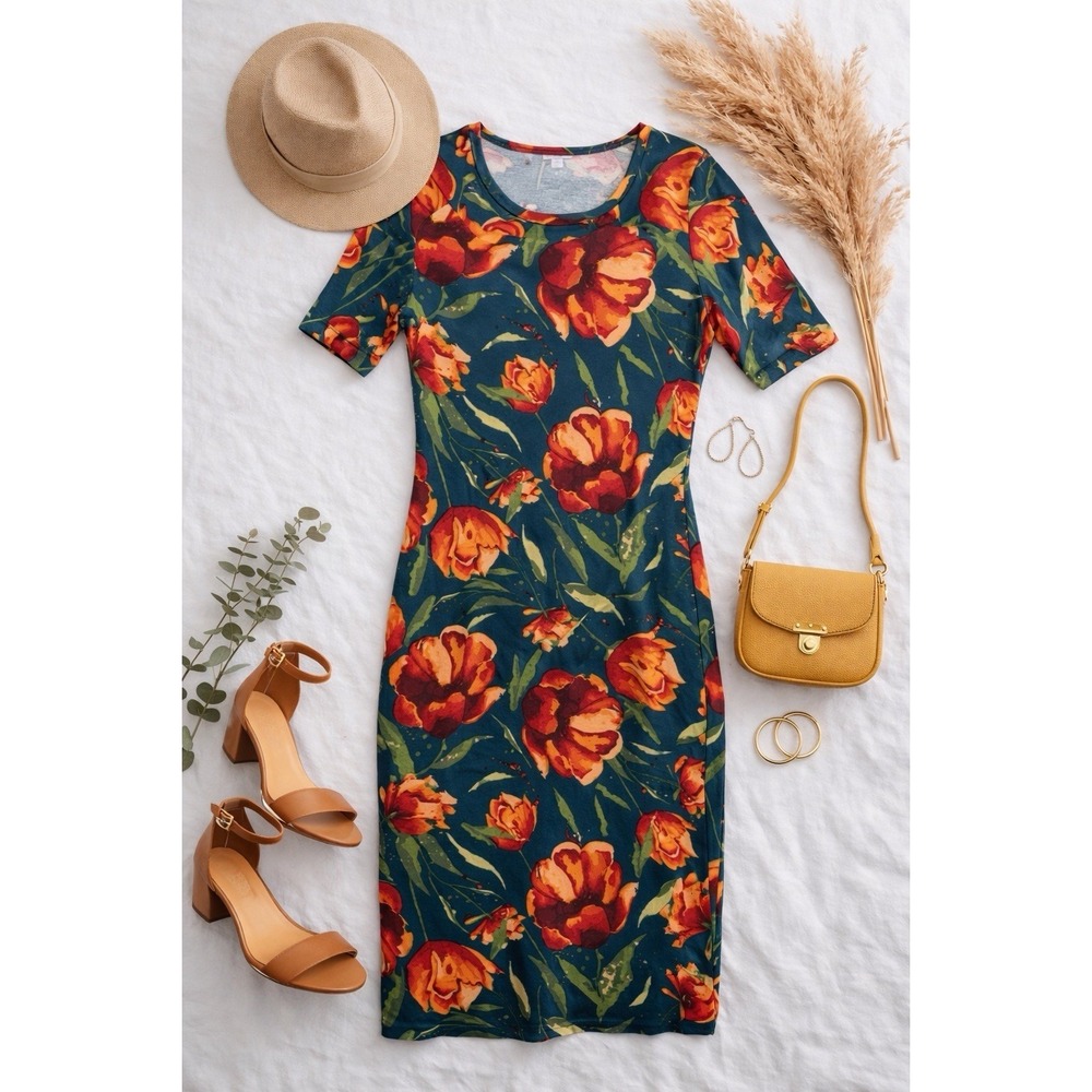 Lularoe Julia Dress Floral Medium Blue & Orange Lightweight Stretch Pencil Skirt